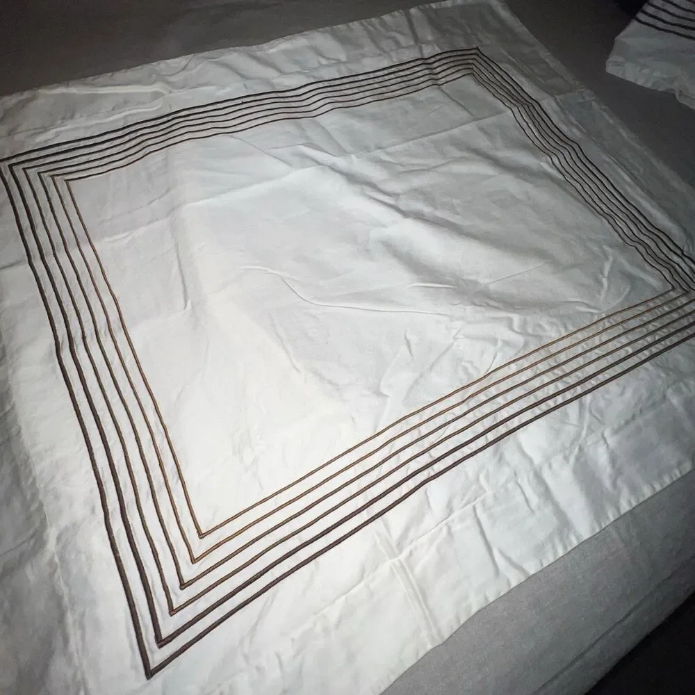 Barbacci Italy Two Standard Pillow Shams 6 Brown Embroidery Border Stripes Ivory